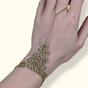 Gold Tone Green Stone Hand Cover Bracelet